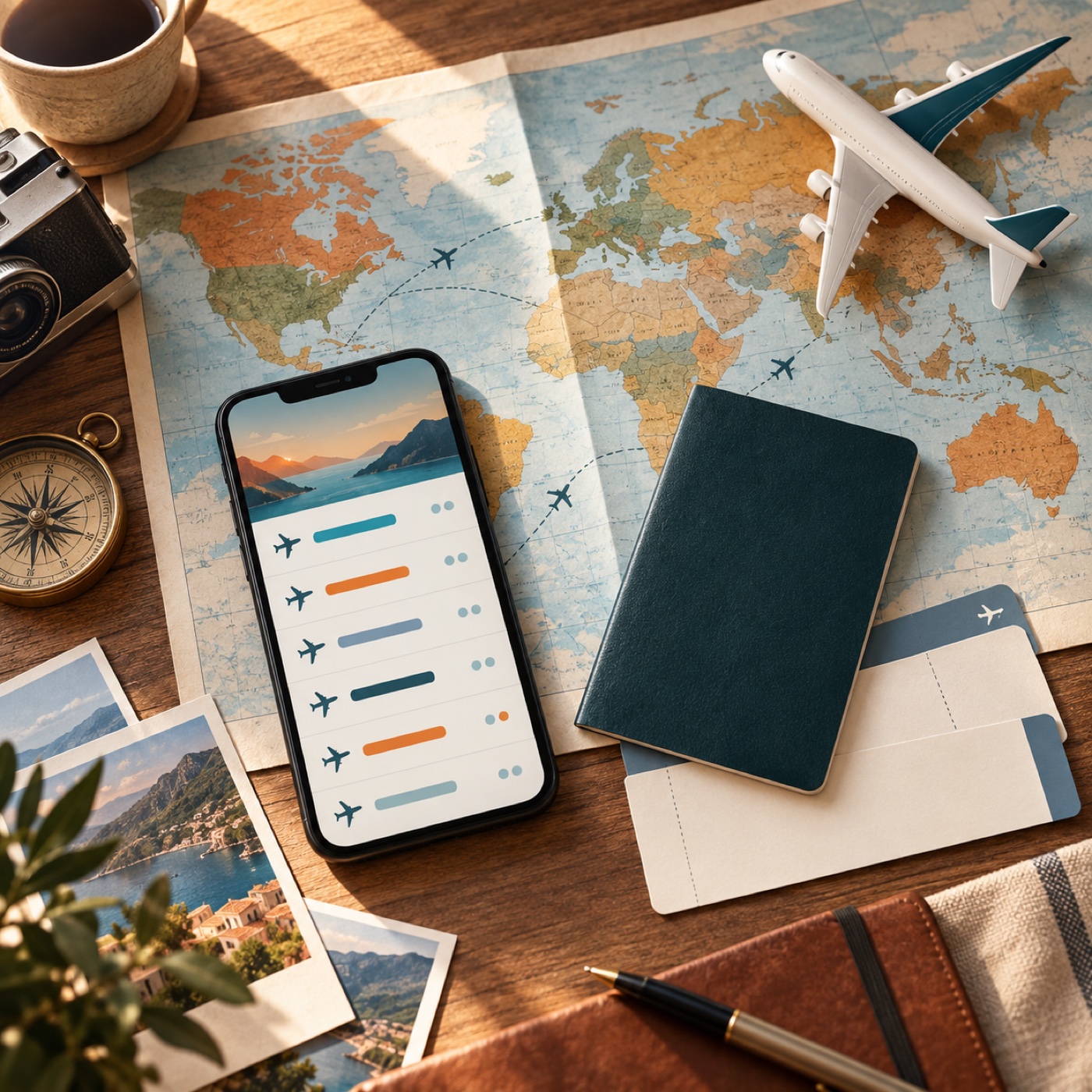 Travel-planning desk with a map, model airplane, and phone showing flight options